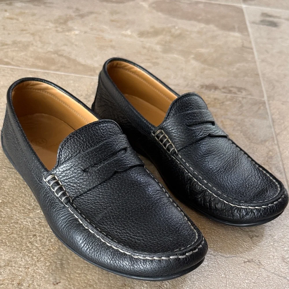 Austen Heller Black Pebble Leather Penny Loafers with Tan Insole